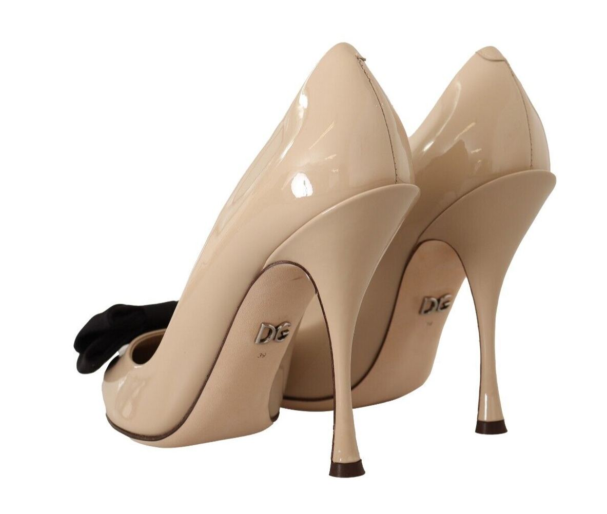 Dolce & Gabbana Beige Patent Leather Pumps with Black Bow