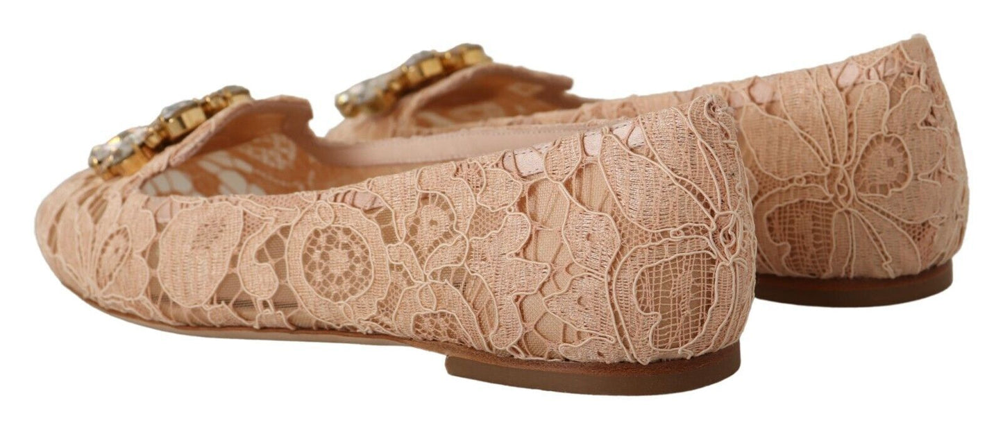 Dolce & Gabbana Elegant Beige Lace Ballet Flats with Crystal Buckle