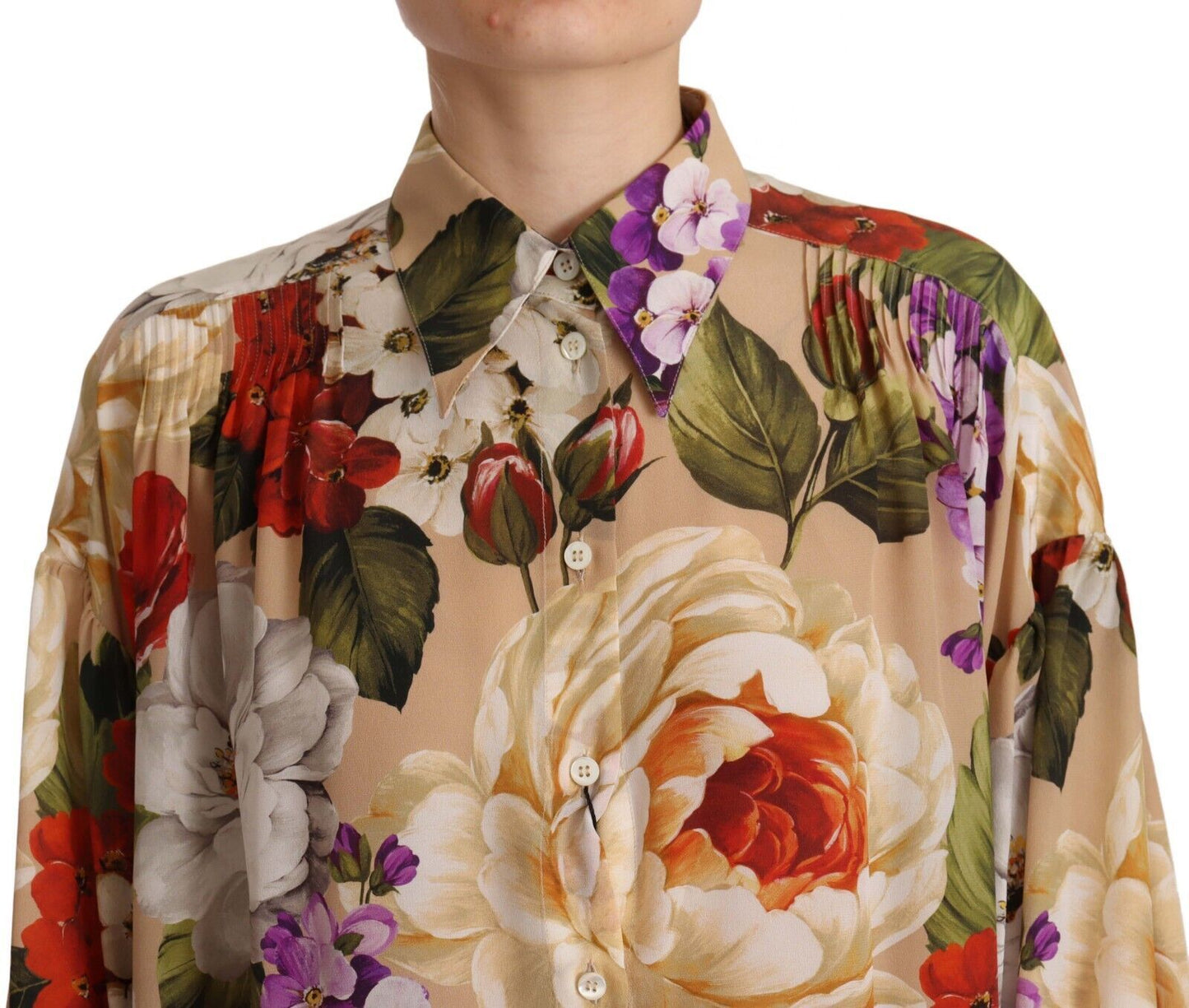 Dolce & Gabbana Beige Floral Print Long Sleeve Blouse Top