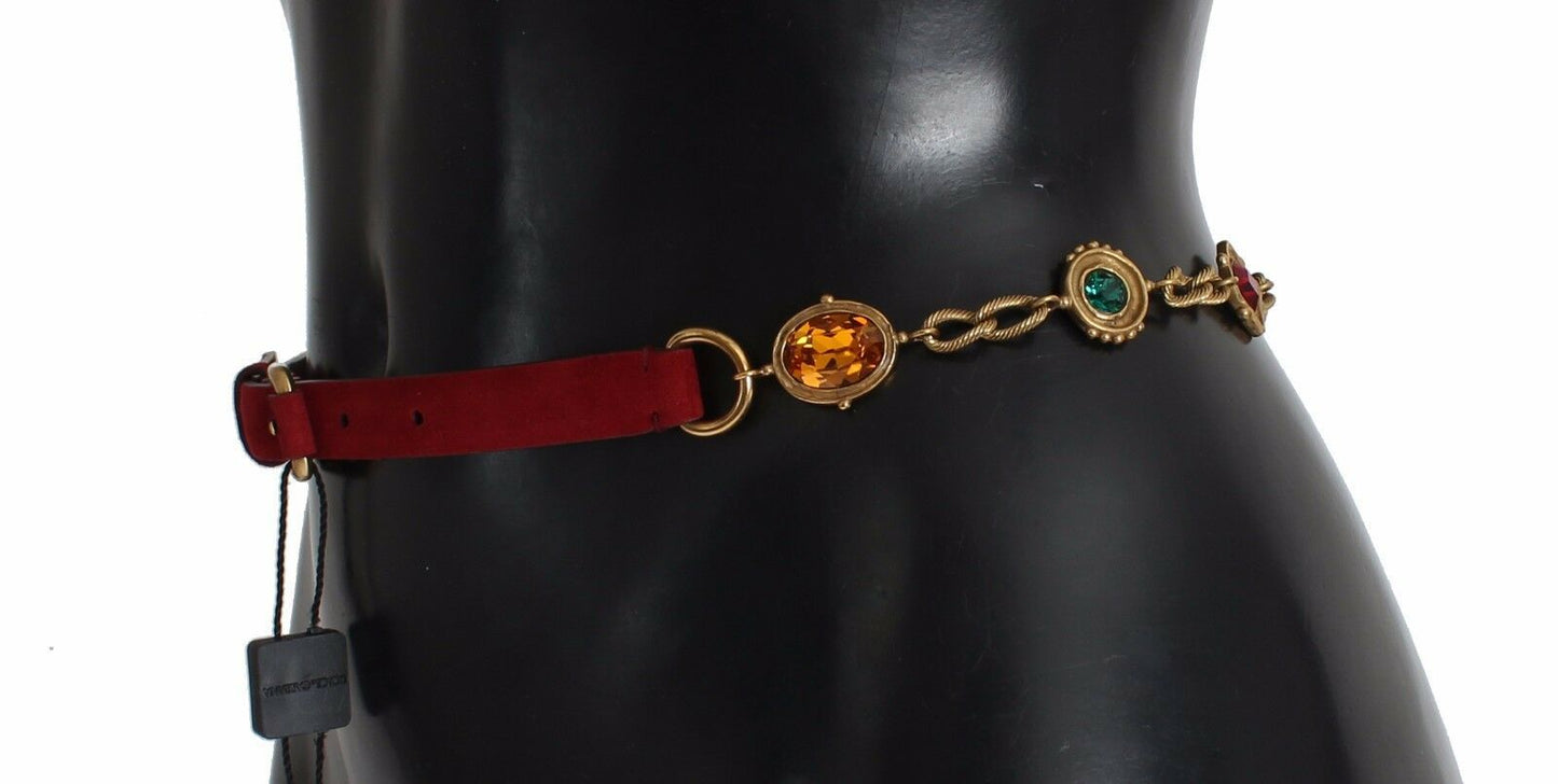 Dolce & Gabbana Red Suede Crystal Baroque Waist Belt