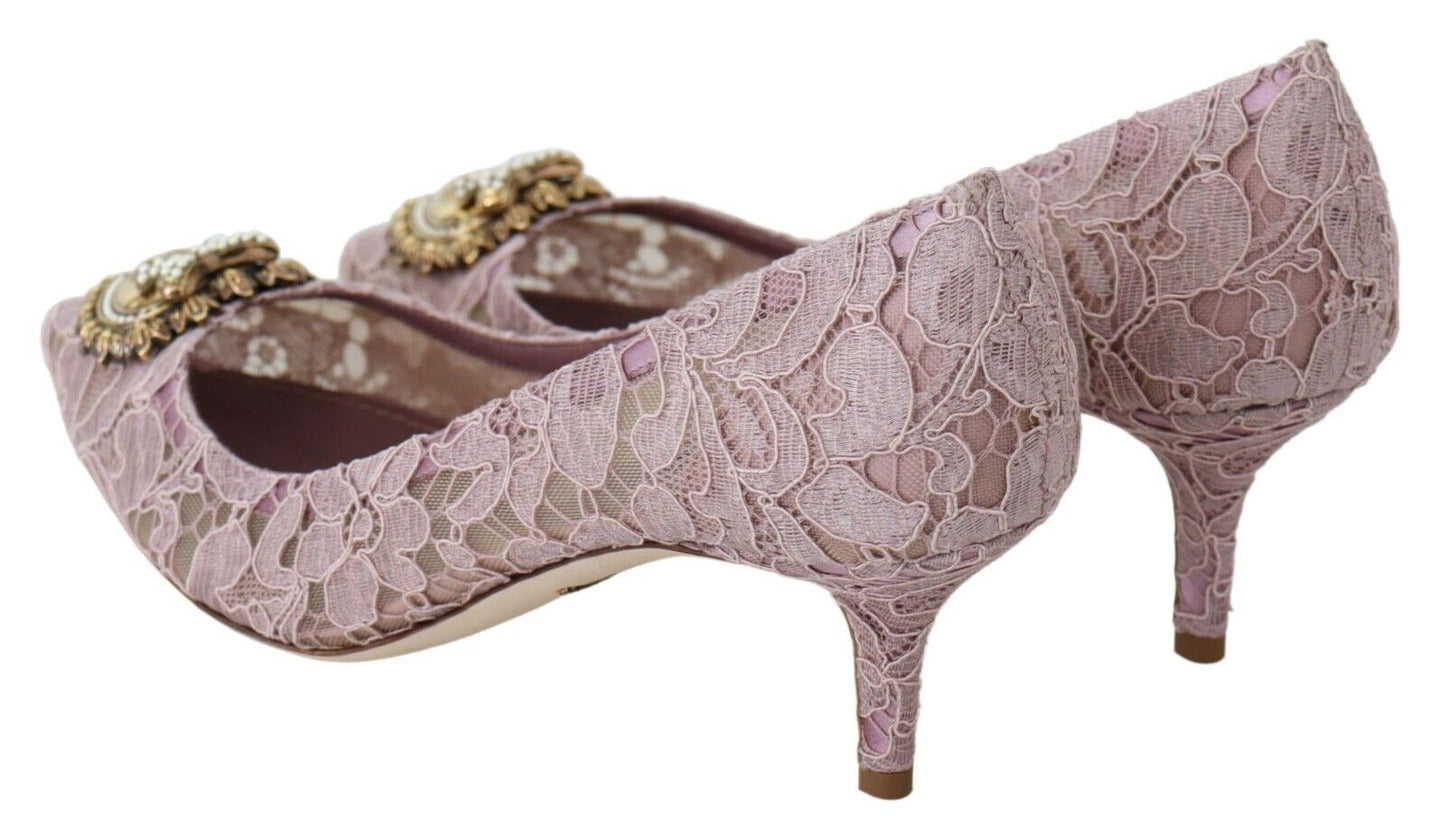 Dolce & Gabbana Elegant Pink Lace Heels with Heart Embellishment