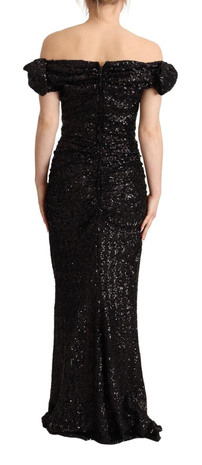 Dolce & Gabbana Black Sequined Off Shoulder Gown Sheath Dress