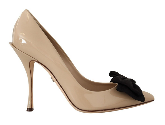 Dolce & Gabbana Beige Patent Leather Pumps with Black Bow