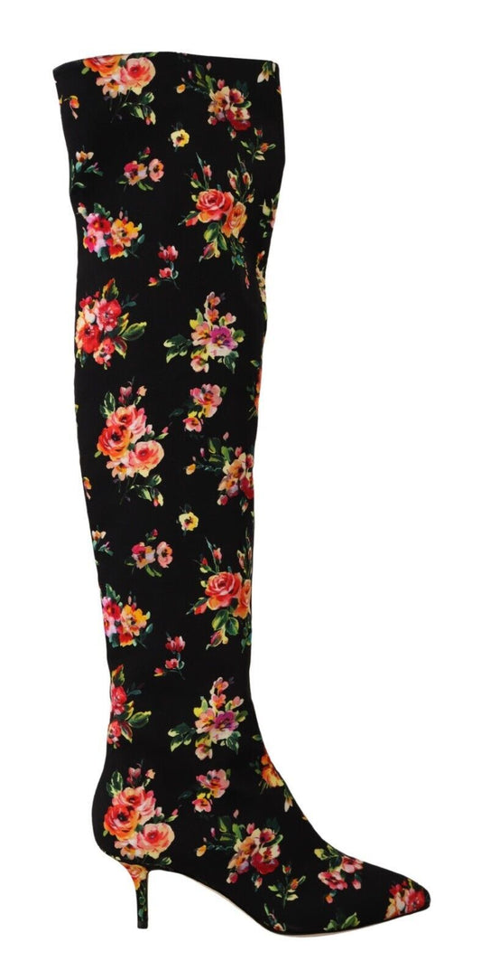 Dolce & Gabbana Floral Charmeuse Knee High Boots