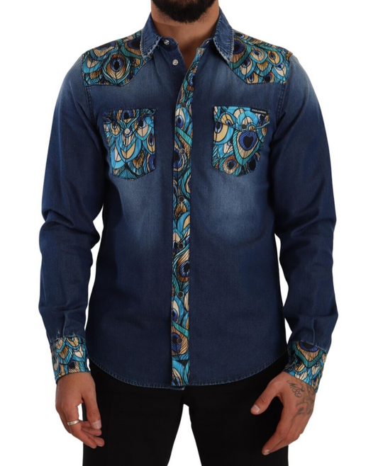 Dolce & Gabbana Peacock Print Cotton Denim Button-Down Shirt