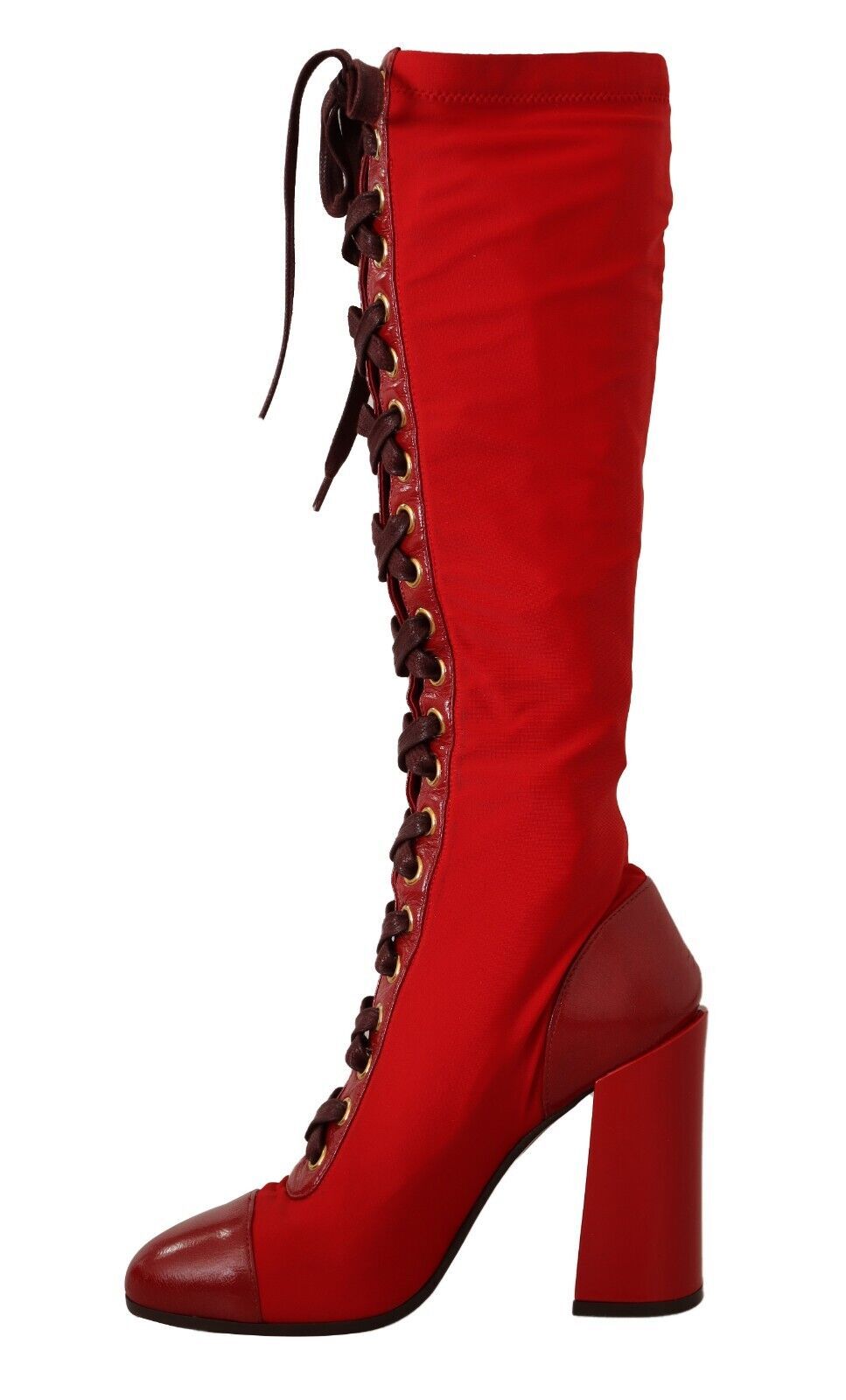 Dolce & Gabbana Red Lace-Up Knee High Leather Boots