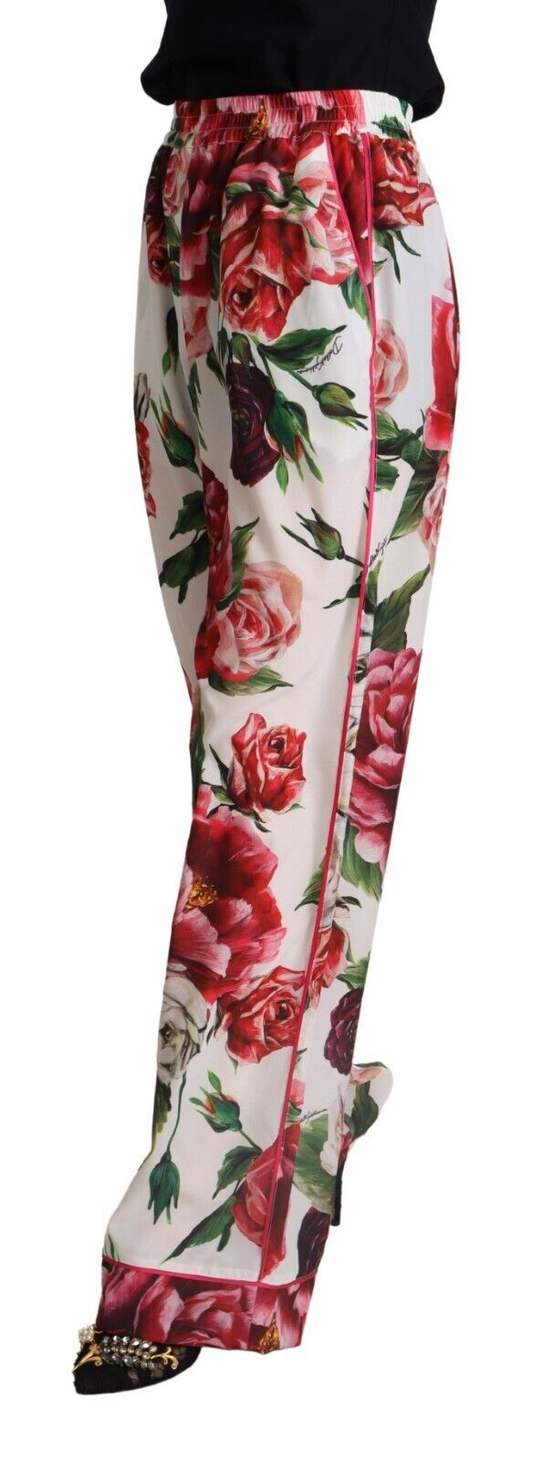 Dolce & Gabbana White Floral Print Mid Waist Wide Leg Pants