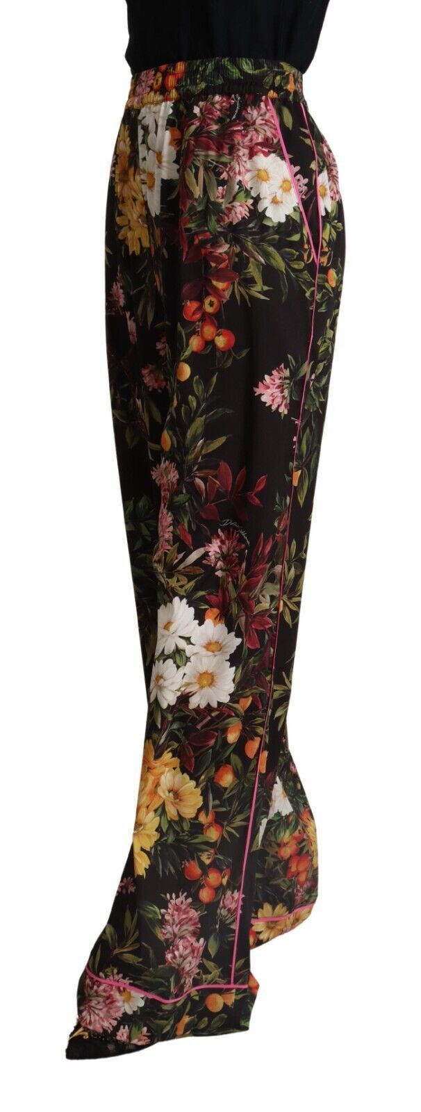 Dolce & Gabbana Black Floral Mid Waist Trouser Wide Leg Pants