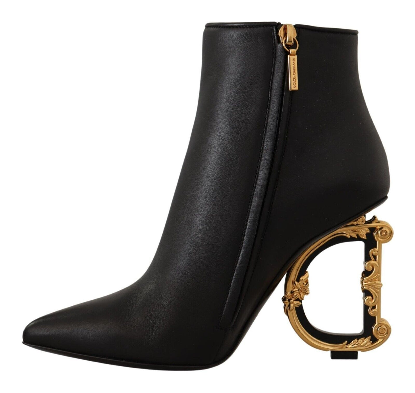 Dolce & Gabbana Elegant Black Leather Ankle Boots with Logo Heels