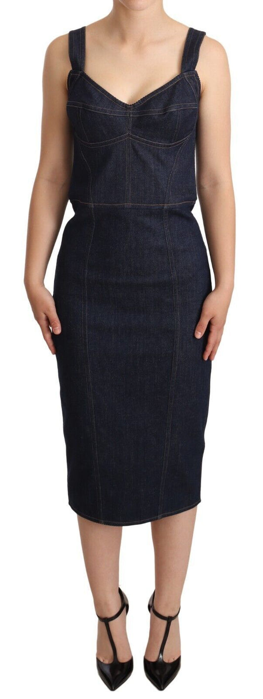 Dolce & Gabbana Elegant Dark Blue Denim Midi Sheath Dress