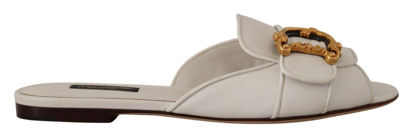 Dolce & Gabbana Elegant White Flat Sandals with DG Logo Embellishment