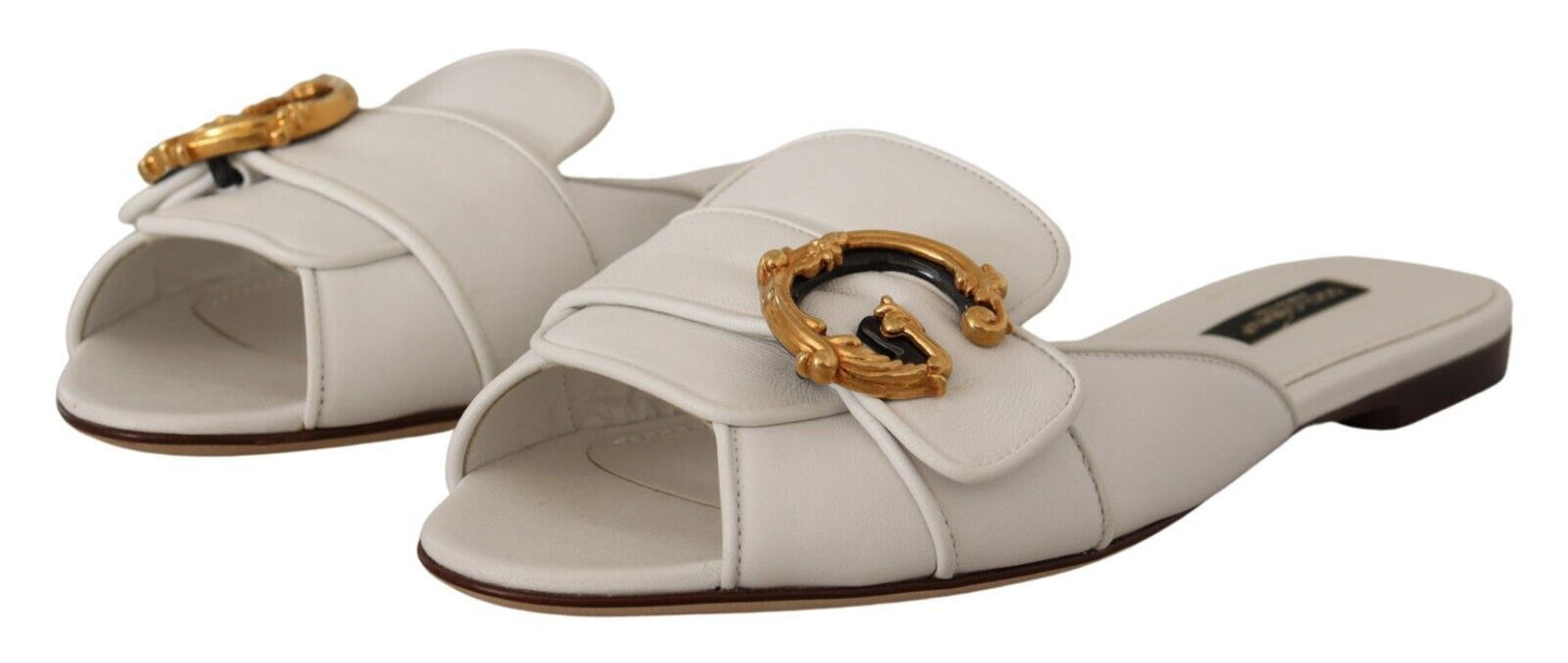 Dolce & Gabbana Elegant White Flat Sandals with DG Logo Embellishment