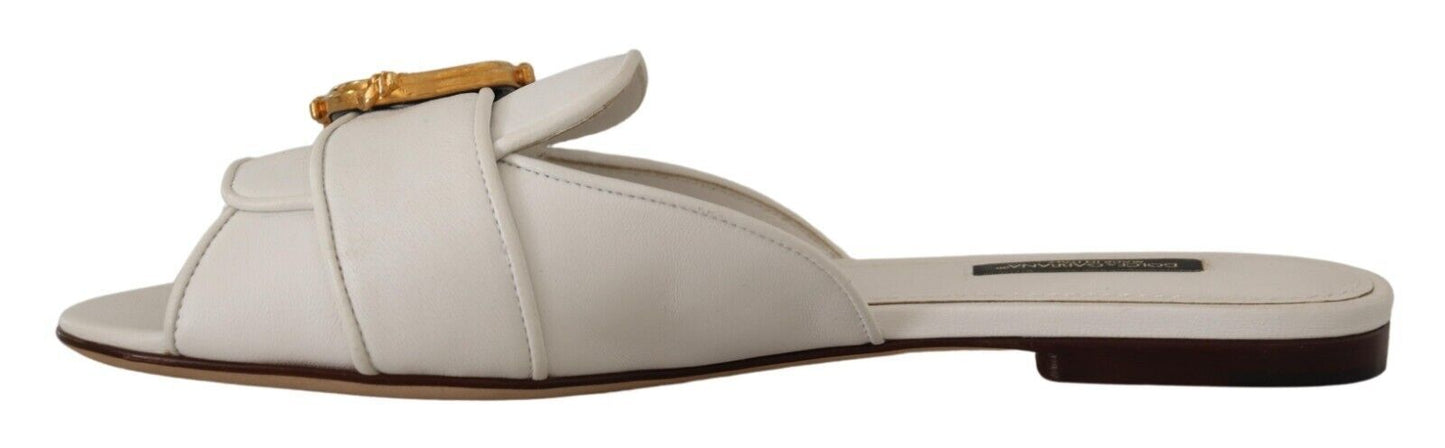 Dolce & Gabbana Elegant White Flat Sandals with DG Logo Embellishment