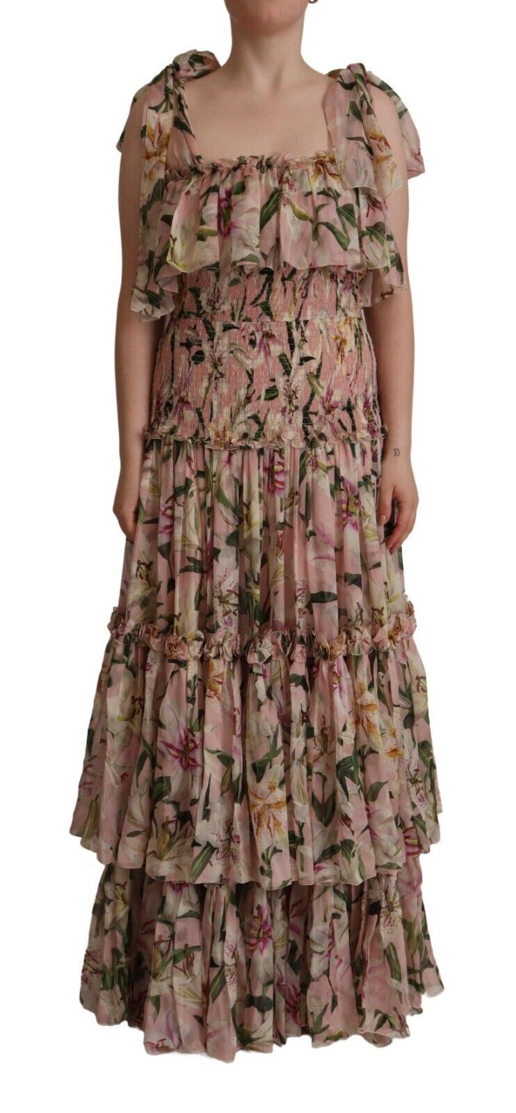 Dolce & Gabbana Elegant Pink Floral Ruched Silk Long Dress