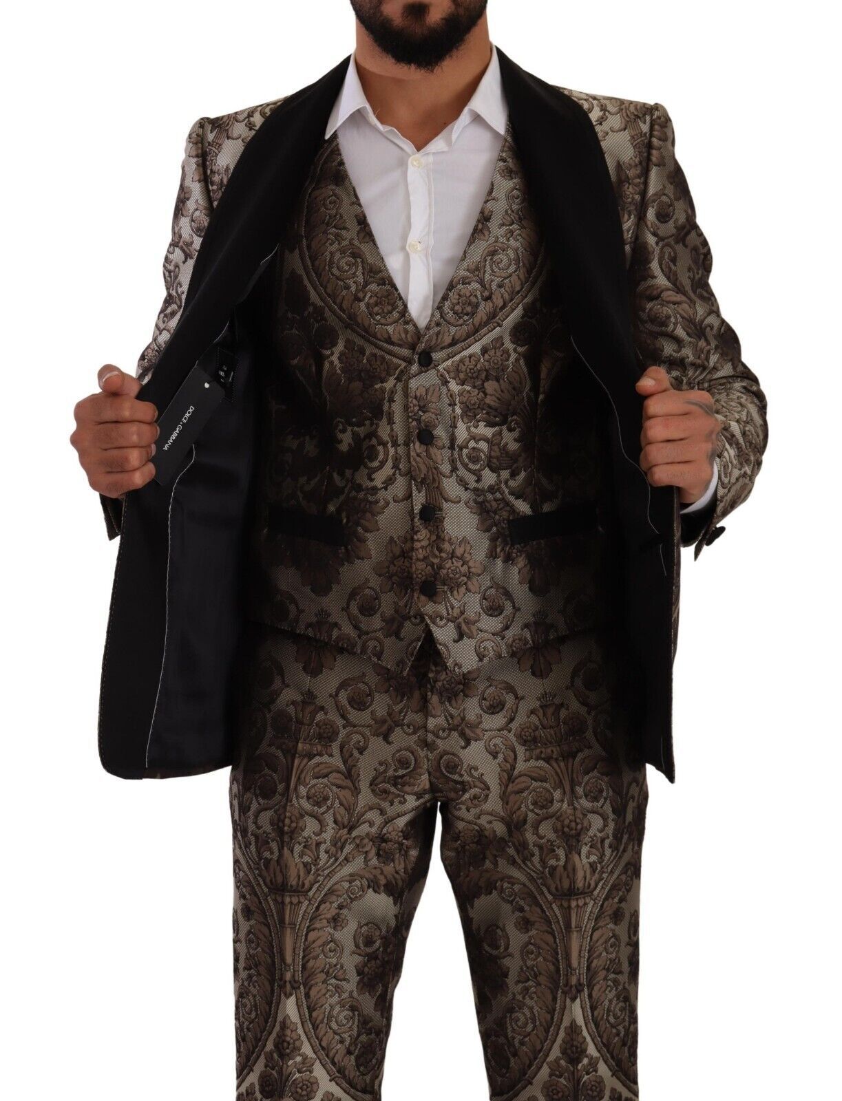 Dolce & Gabbana Elegant Brown Gray Jacquard Men's Suit