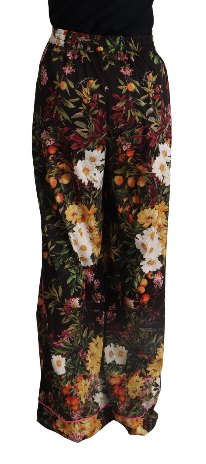 Dolce & Gabbana Black Floral Mid Waist Trouser Wide Leg Pants