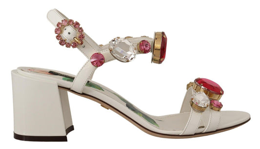 Dolce & Gabbana Elegant White Heel Sandals with Crystal Accents