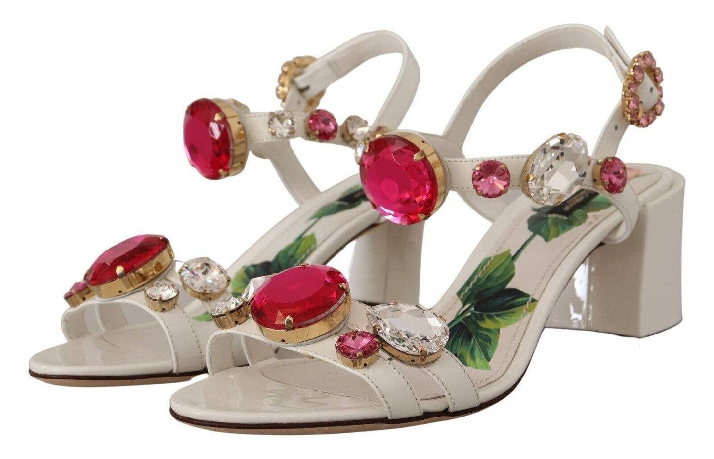 Dolce & Gabbana Elegant White Heel Sandals with Crystal Accents