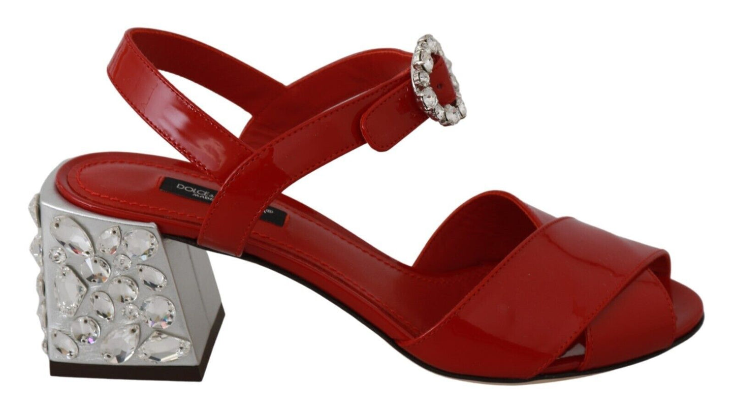 Dolce & Gabbana Red Leather Crystal Heels Sandals