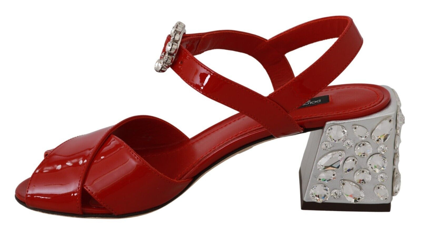 Dolce & Gabbana Red Leather Crystal Heels Sandals