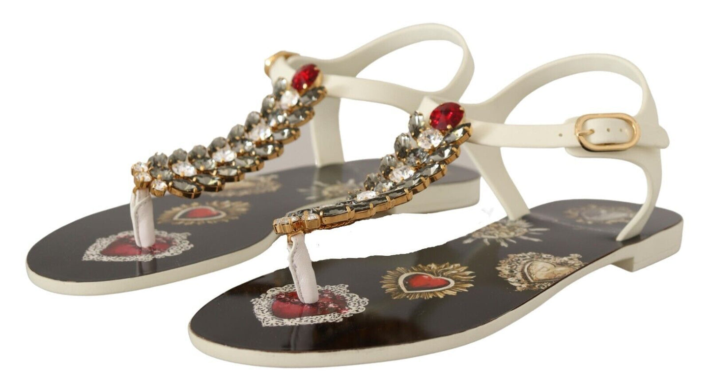 Dolce & Gabbana Black White Heart Crystal Sandals Flip Flop Shoes