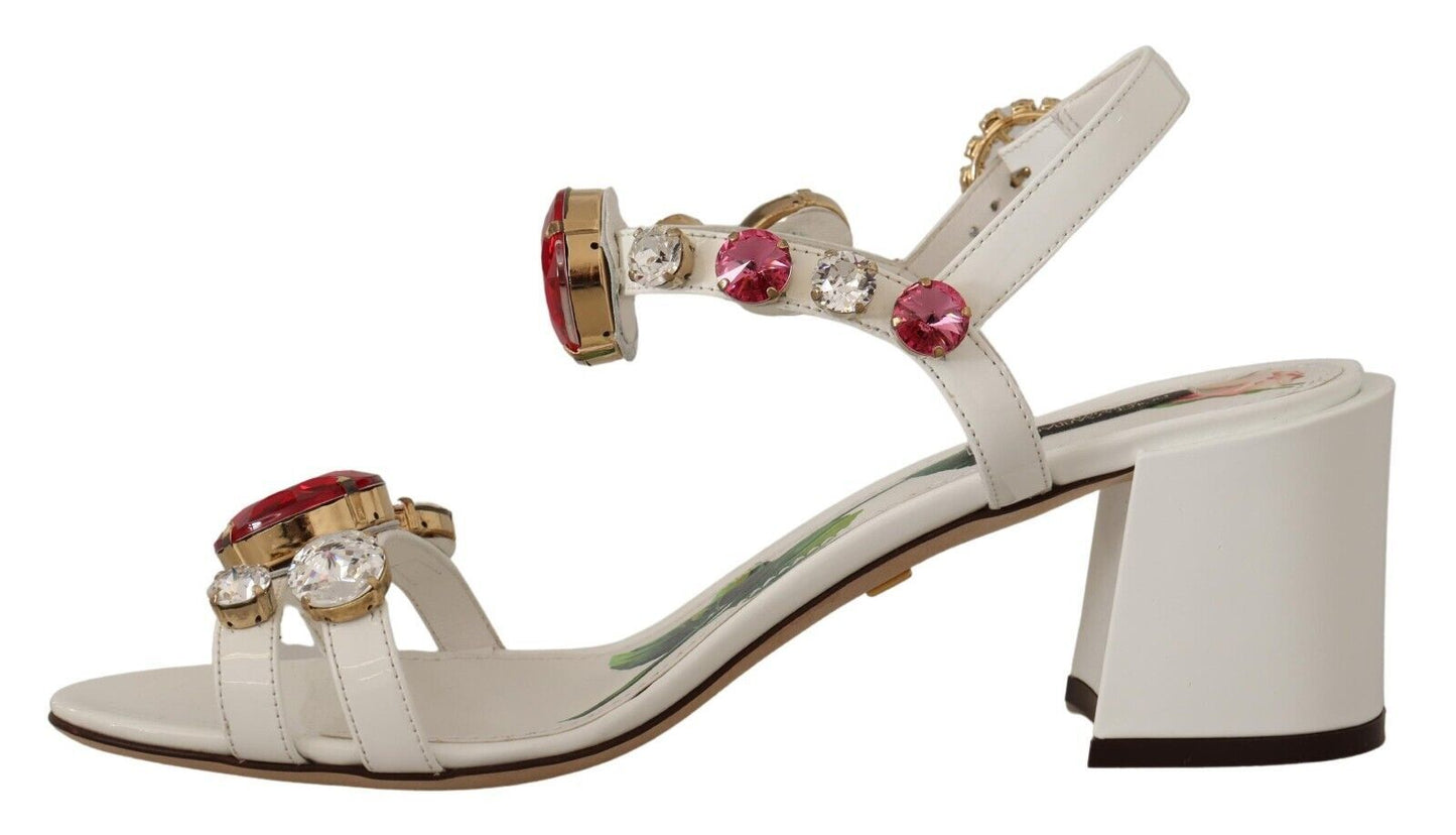 Dolce & Gabbana Elegant White Heel Sandals with Crystal Accents