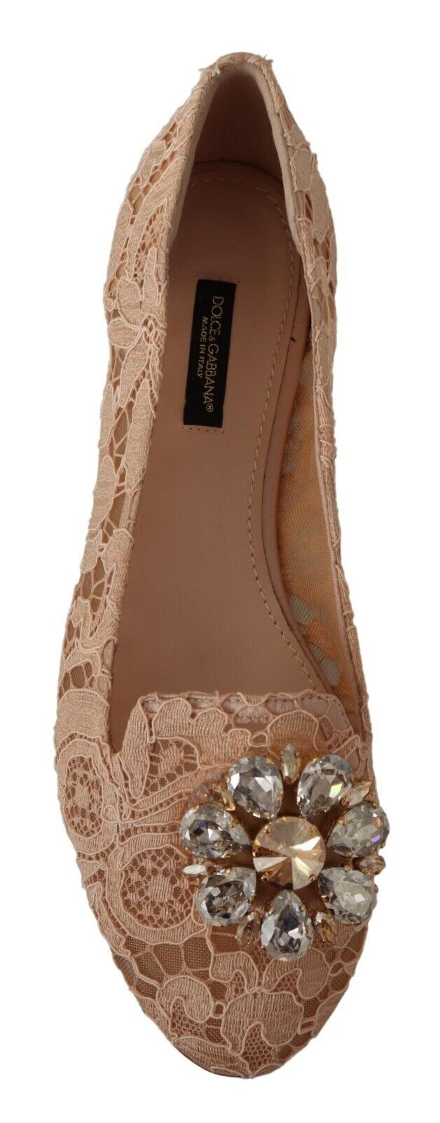 Dolce & Gabbana Elegant Beige Lace Ballet Flats with Crystal Buckle