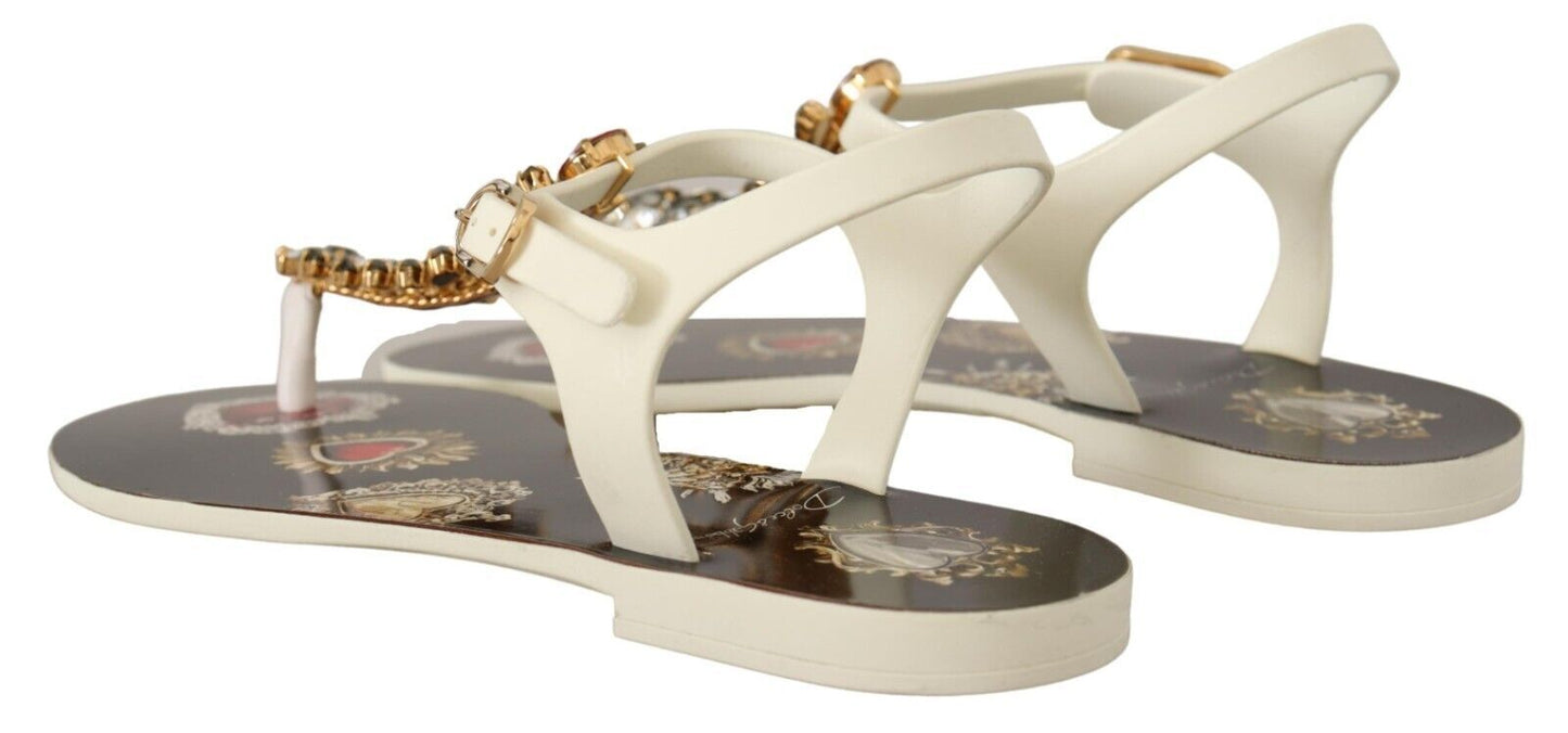 Dolce & Gabbana Black White Heart Crystal Sandals Flip Flop Shoes