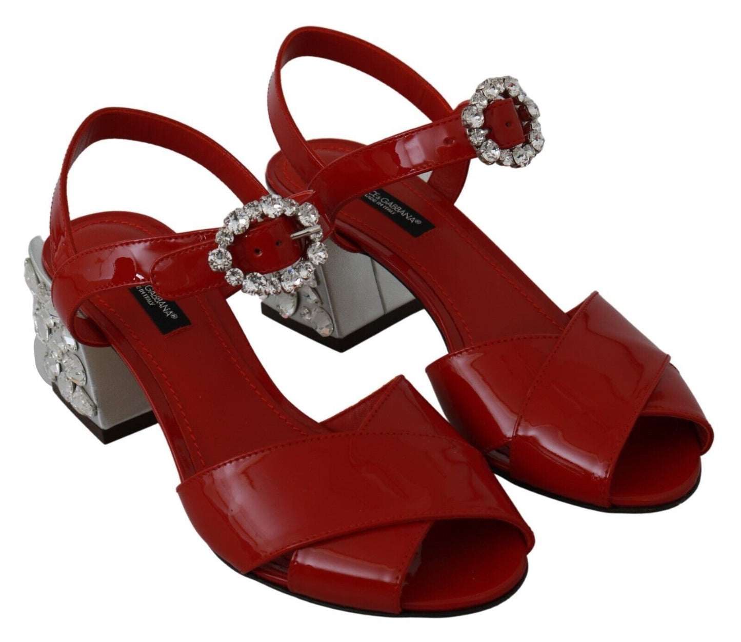 Dolce & Gabbana Red Leather Crystal Heels Sandals