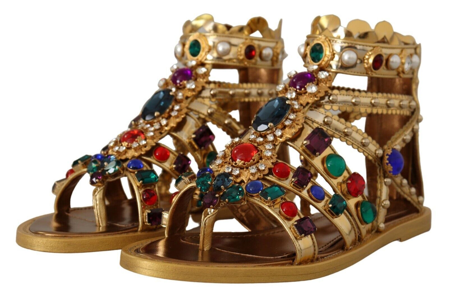 Dolce & Gabbana Elegant Gold Crystal-Embellished Flat Sandals