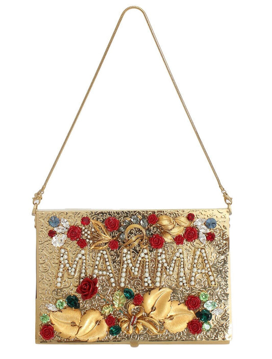 Dolce & Gabbana Elegant Gold Evening Box Clutch with Red Roses