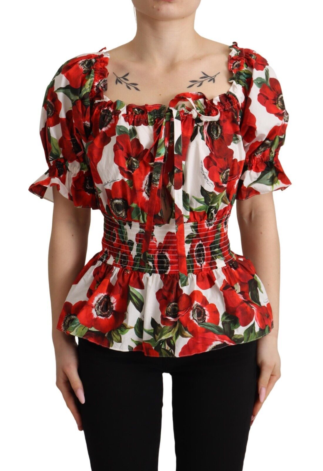 Dolce & Gabbana Red Anemone Print Elastic Waist Blouse Top