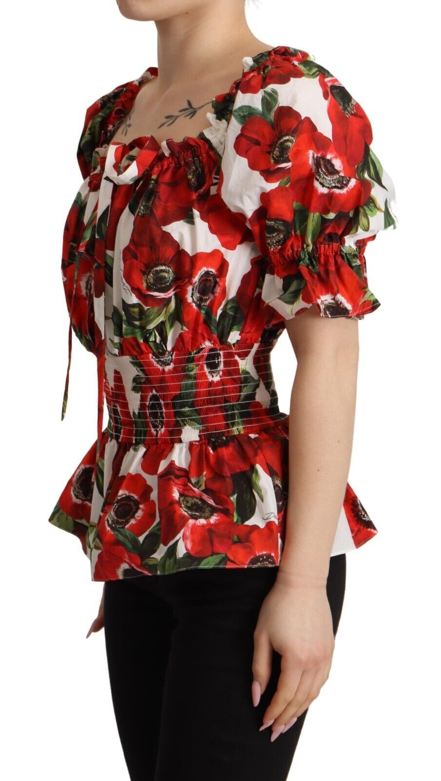 Dolce & Gabbana Red Anemone Print Elastic Waist Blouse Top