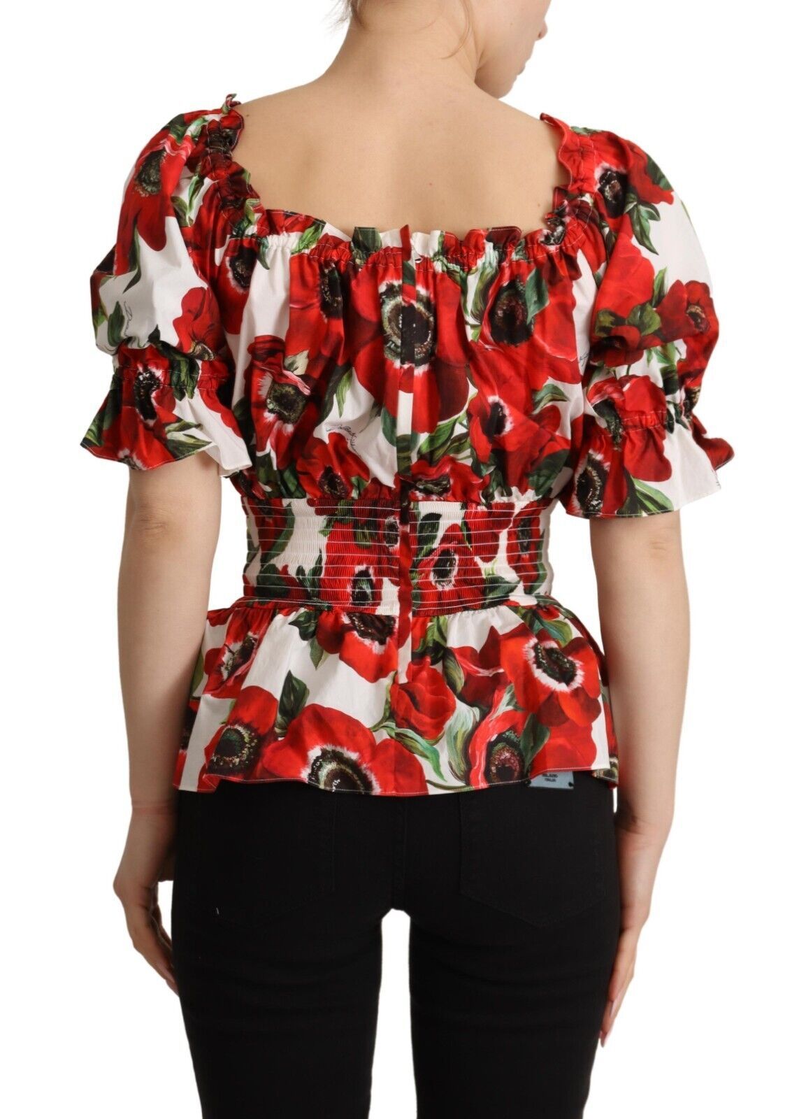 Dolce & Gabbana Red Anemone Print Elastic Waist Blouse Top