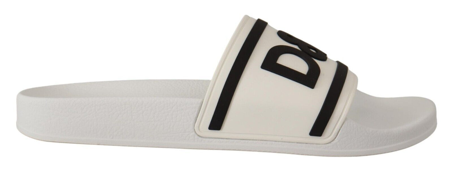 Dolce & Gabbana Chic White Leather Slides with Black Detailing