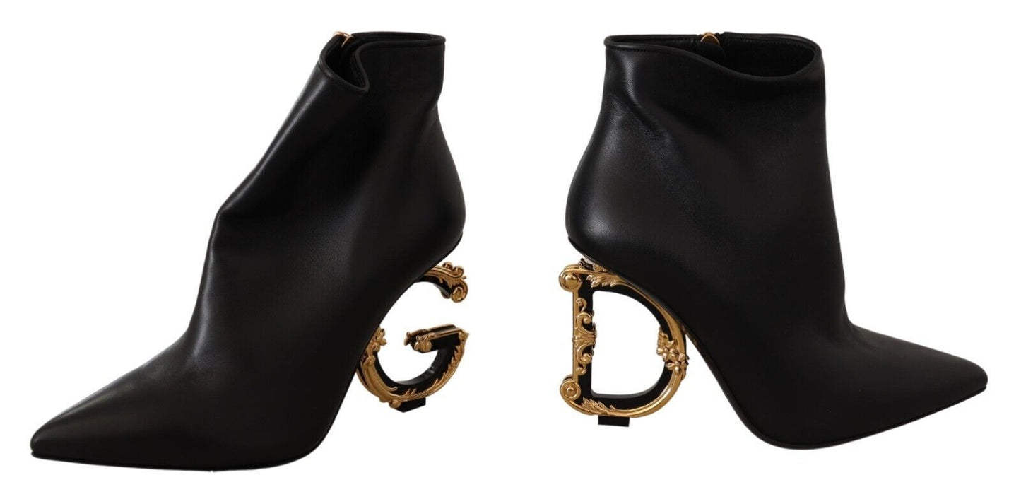 Dolce & Gabbana Elegant Black Leather Ankle Boots with Logo Heels