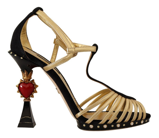 Dolce & Gabbana Elegant T-Strap Heels Sandals in Gold and Black