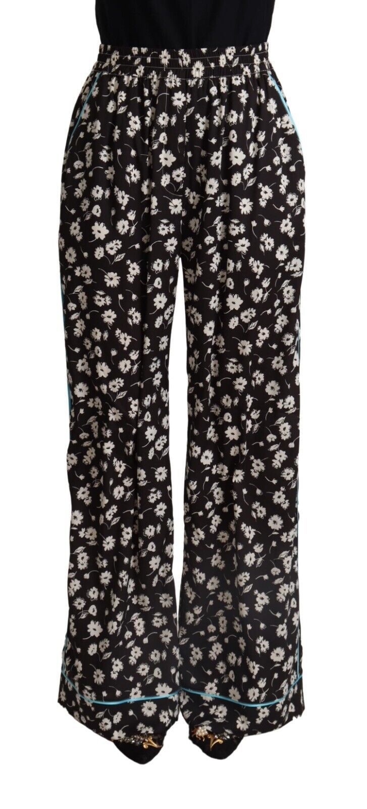 Dolce & Gabbana Black Floral Mid Waist Wide Leg Pants