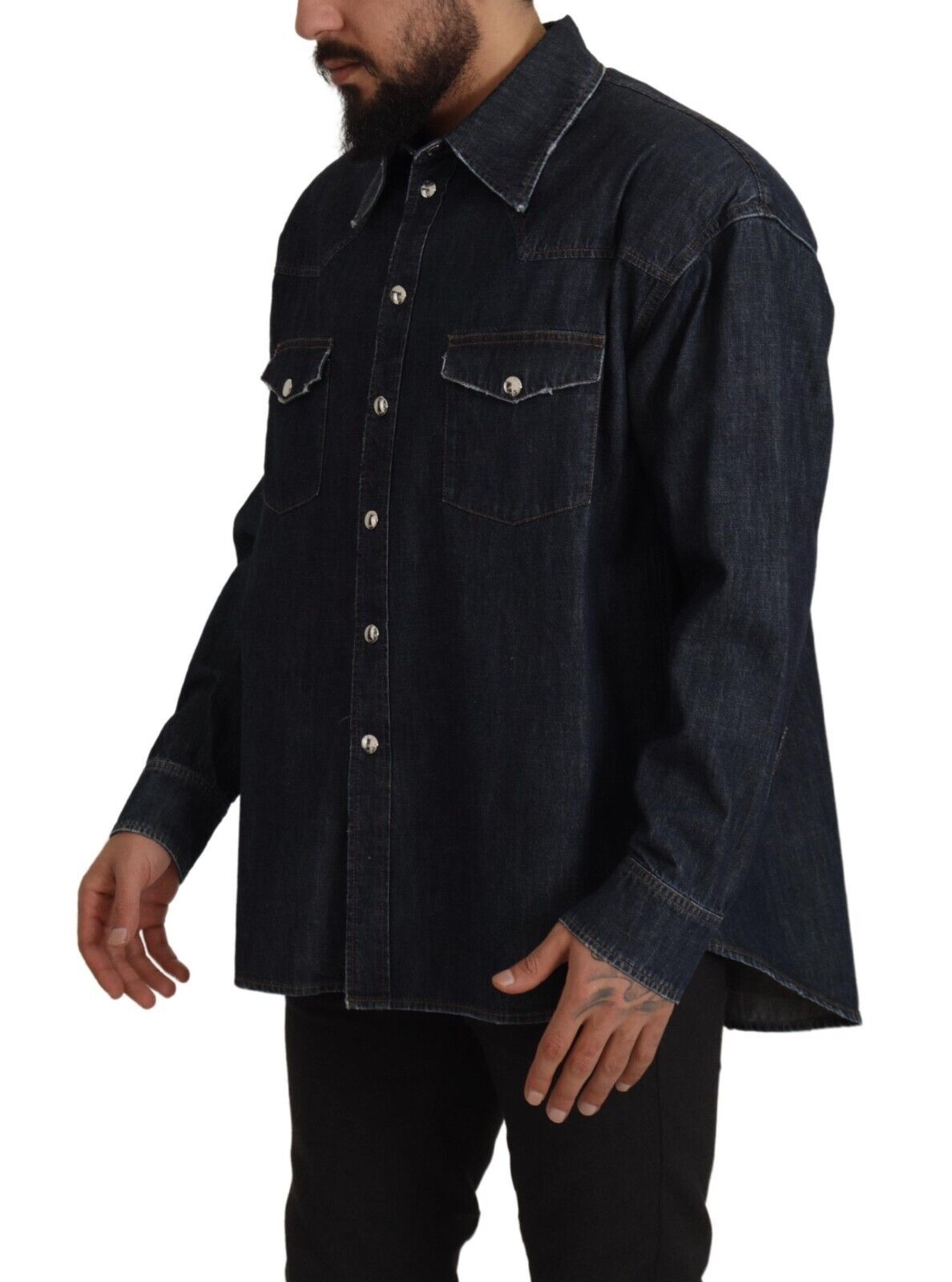 Dolce & Gabbana Blue Cotton Stretch Button Down Denim Shirt