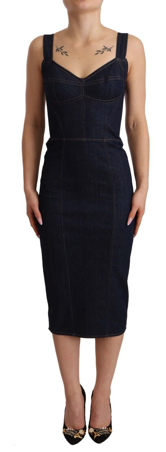 Dolce & Gabbana Dark Blue Cotton Denim Sheath Midi Dress