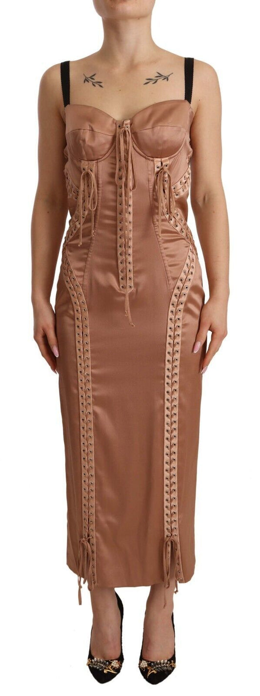 Dolce & Gabbana Nude Silk Bustier Corset Lace Up Bodycon Dress