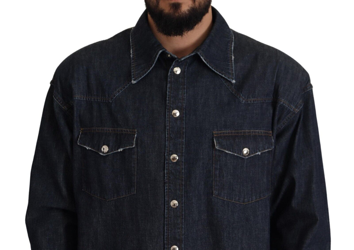 Dolce & Gabbana Blue Cotton Stretch Button Down Denim Shirt