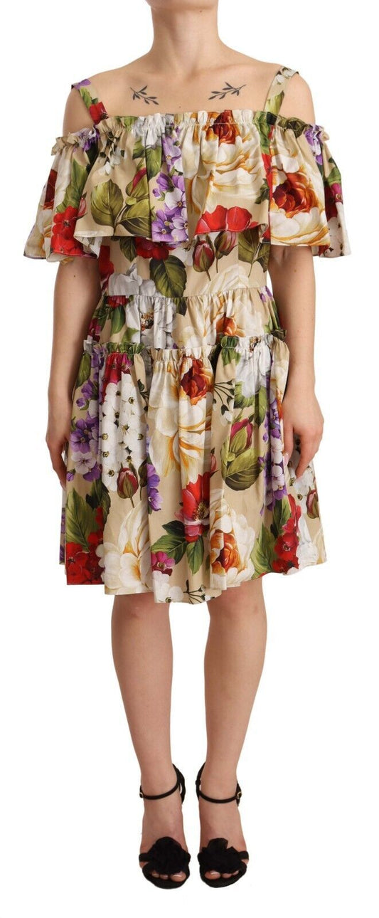 Dolce & Gabbana Elegant Beige Open Shoulder Floral Dress