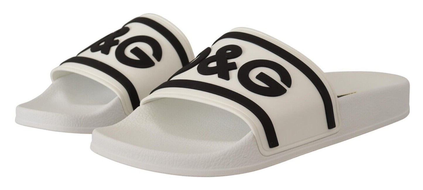 Dolce & Gabbana Chic White Leather Slides with Black Detailing