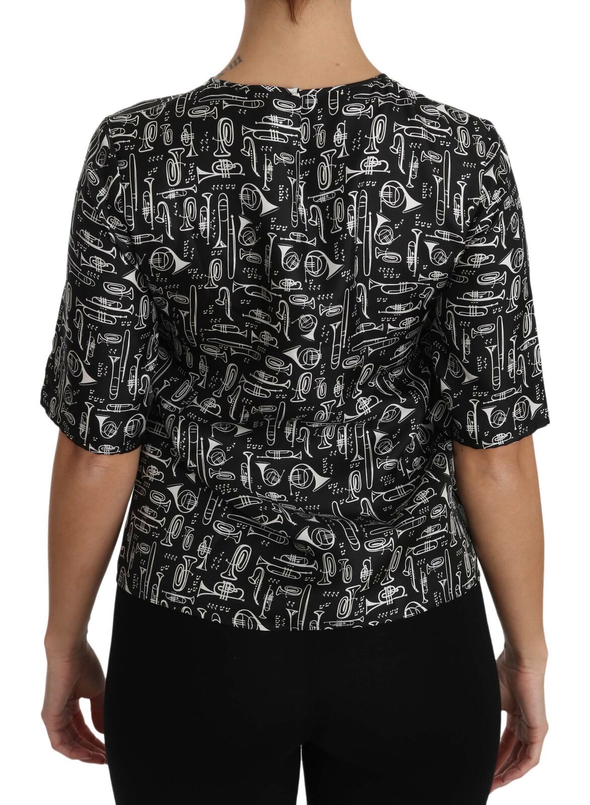 Dolce & Gabbana Black Musical Instruments Print Silk Blouse