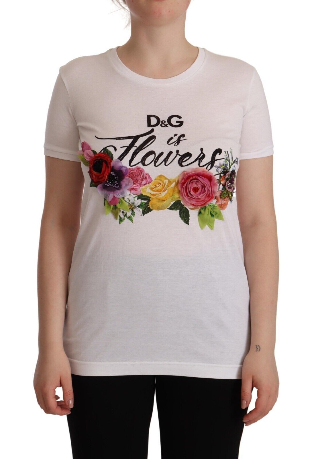 Dolce & Gabbana Elegant Floral Crystal-Embellished White Tee