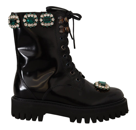 Dolce & Gabbana Elegant Mid-Calf Combat Boots with Crystals