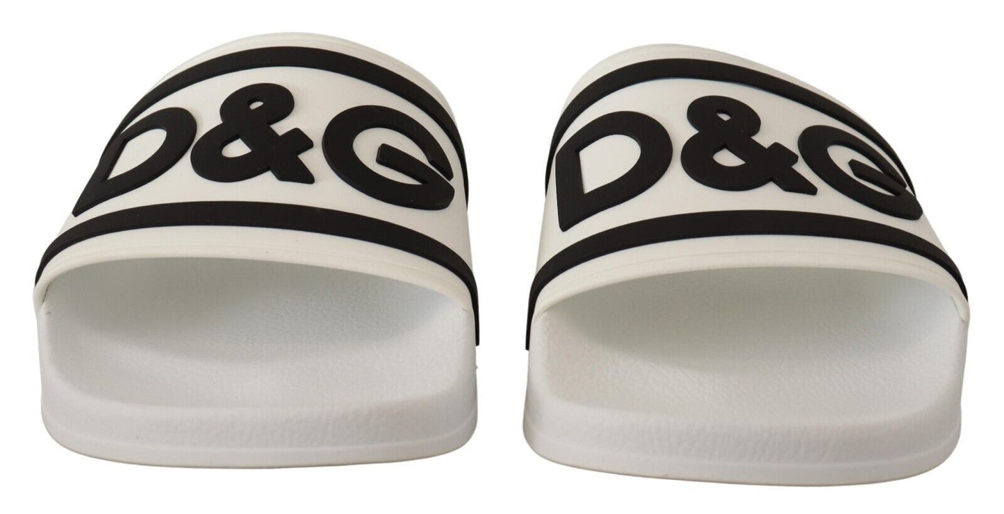 Dolce & Gabbana Chic White Leather Slides with Black Detailing