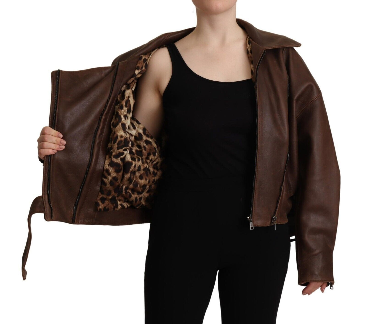 Dolce & Gabbana Elegant Leather Biker Jacket in Brown