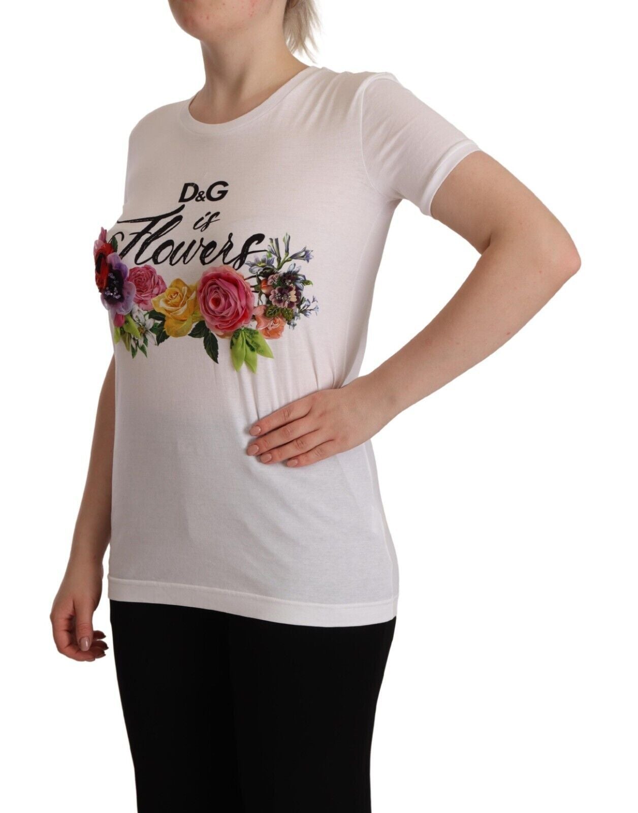 Dolce & Gabbana Elegant Floral Crystal-Embellished White Tee